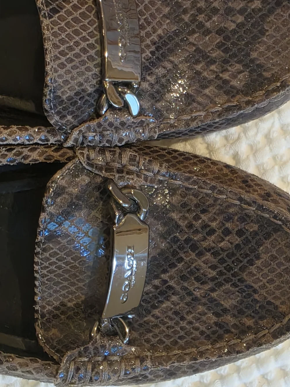 Coach Taupe Snake-Embossed Loafers with Metal Bit